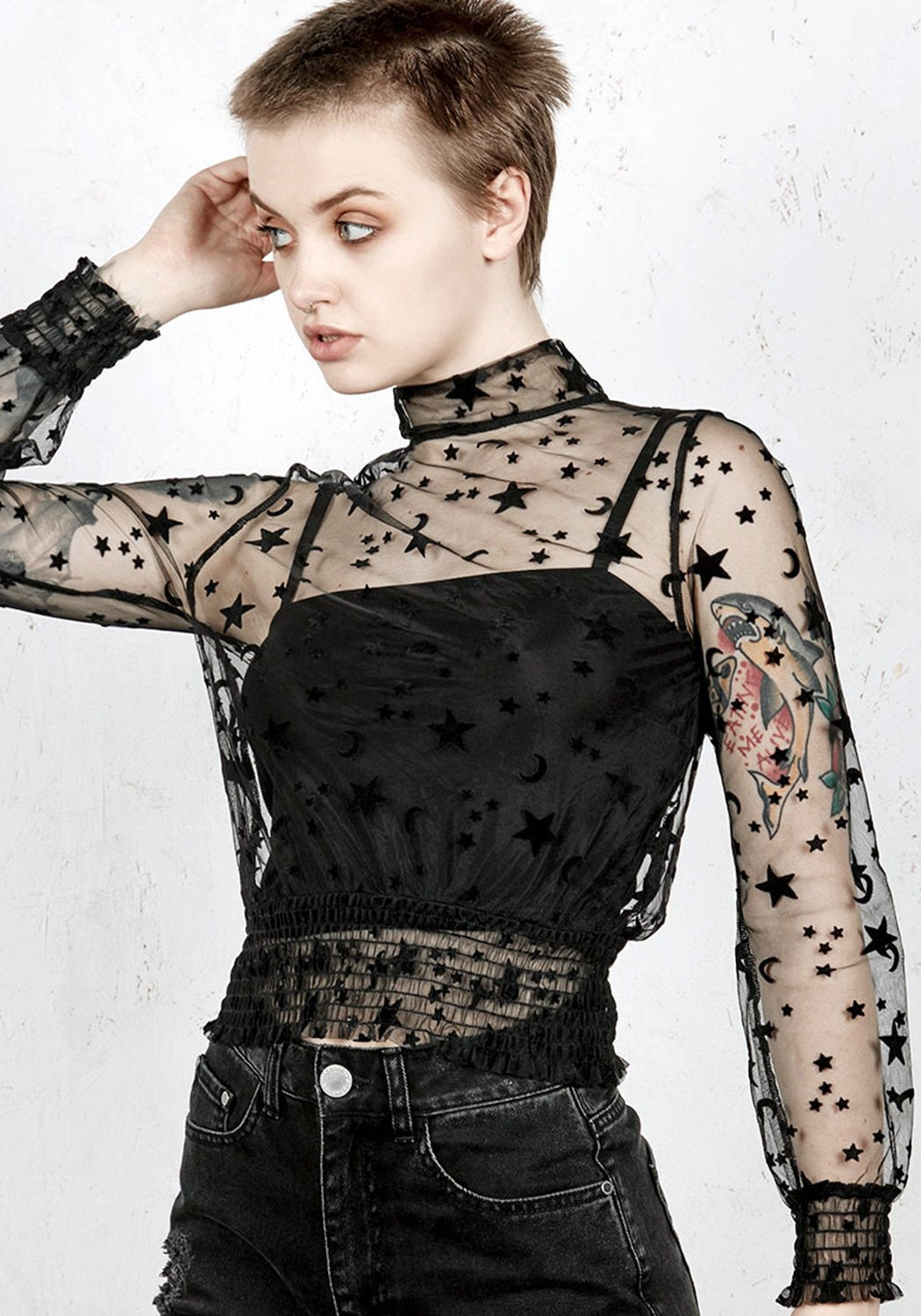 Velvet Mesh Puff Sleeve Top with Star & Moon Pattern | Moondance