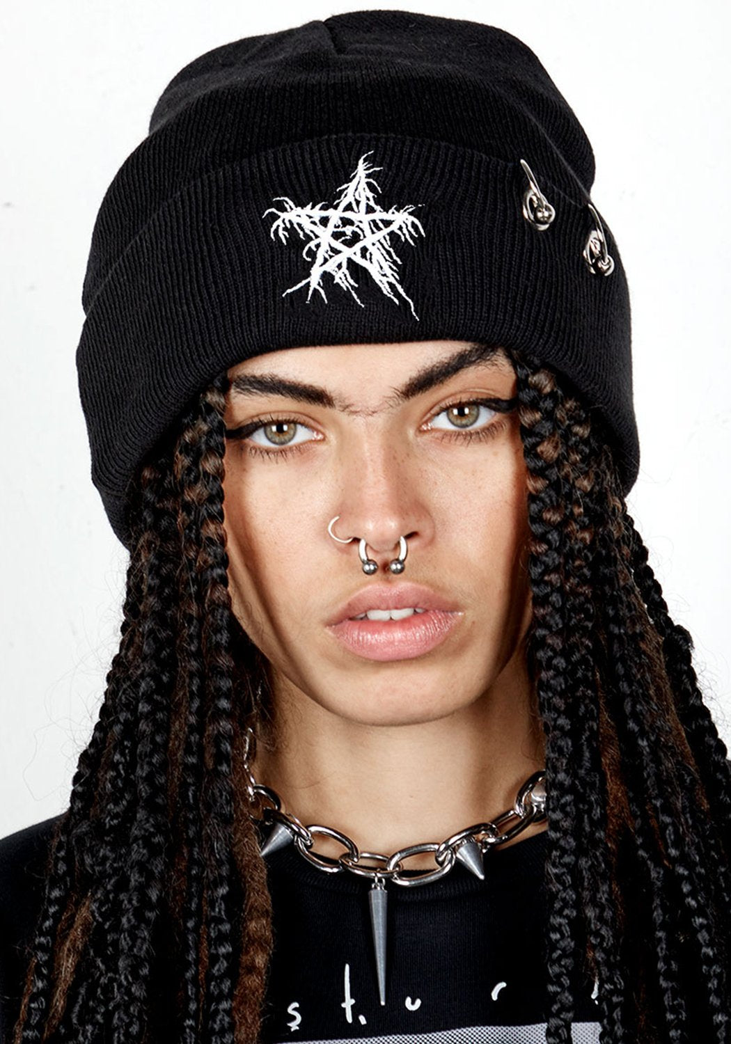 Black Pentagram Beanie with Metal Hardware & Embroidered Design