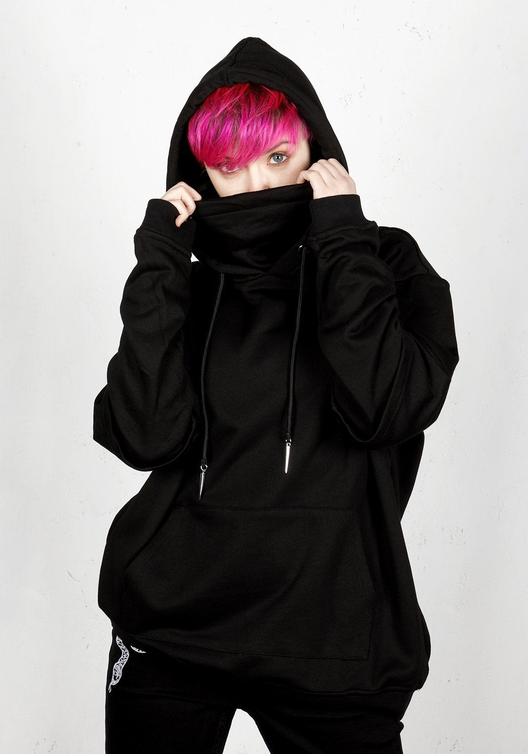 Spiked Hoodie with Adjustable Face Cowl | Grunge Pullover for Anti-Social Style