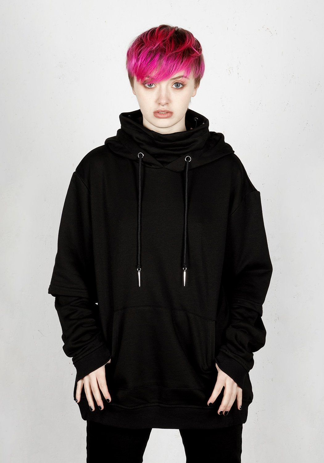Spiked Hoodie with Adjustable Face Cowl | Grunge Pullover for Anti-Social Style