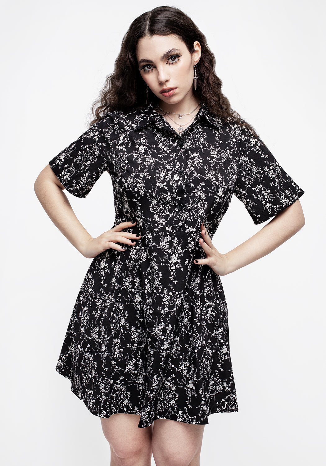 Black Floral Mini Shirt Dress with Pleated Skirt | Naomi