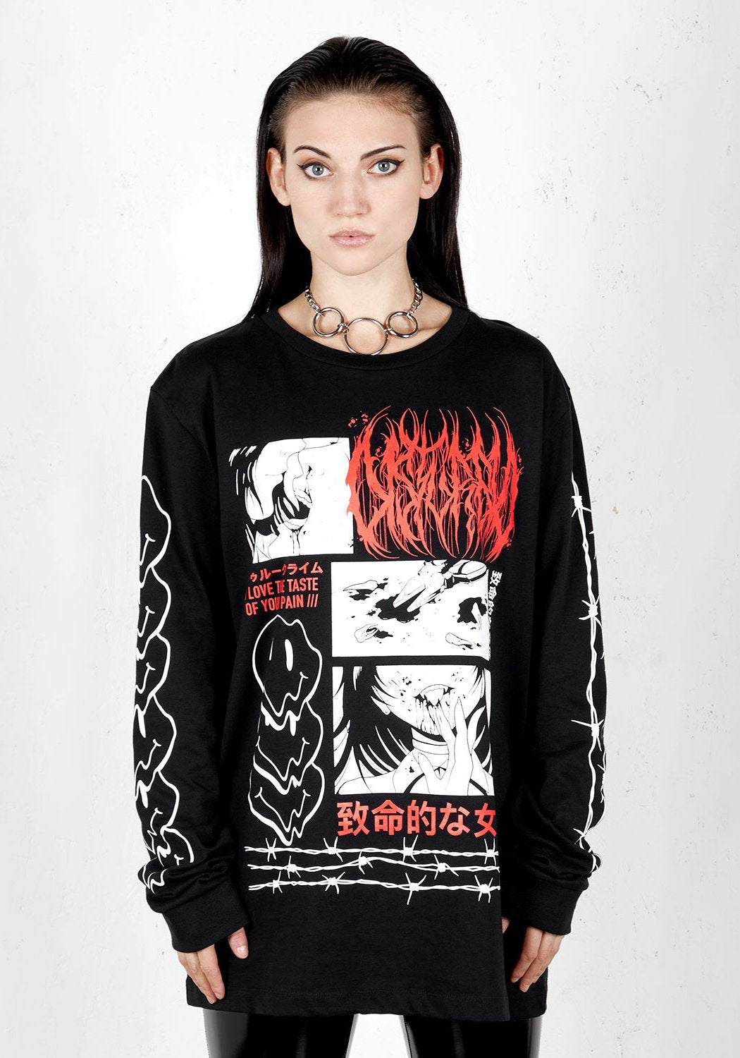 Black Manga-Inspired Long Sleeve Tee with Screen-Prints | Organic Cotton