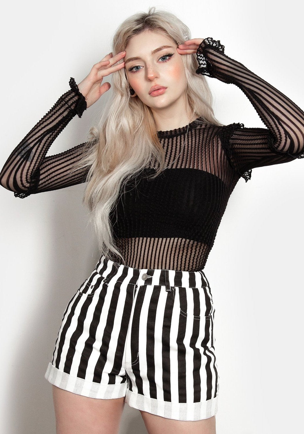 Roll-Up Denim Shorts with Printed Stripes & Casual Fit | Beetlejuice Style