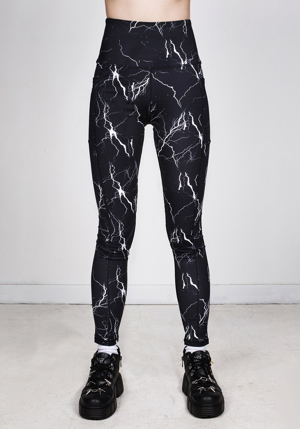 Black Lightning Print Leggings with Side Pocket & Supportive Waistband | DIS