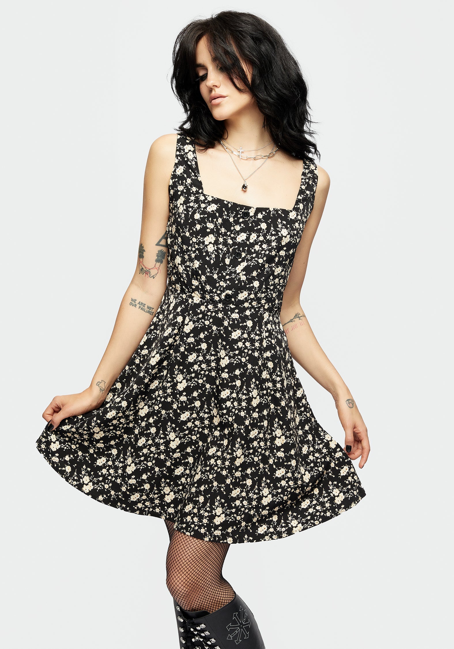 Floral Print Mini Dress with Button Front & Flared Skirt | Dryad