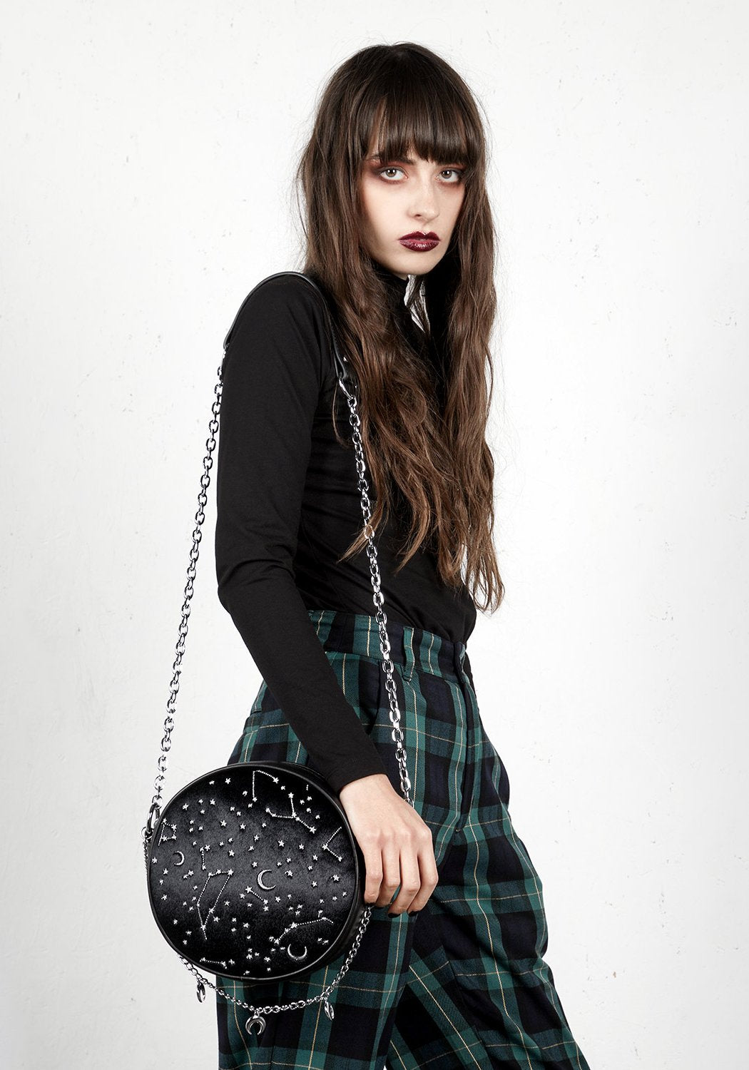 Embroidered Velvet Shoulder Bag with Chain Strap | Celestial