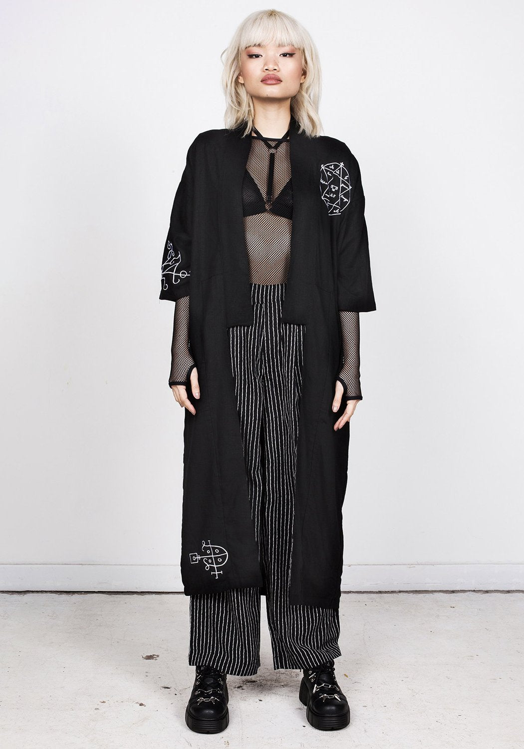 Black Embroidered Ceremony Robe with Sigils | Magickal Kimono Style