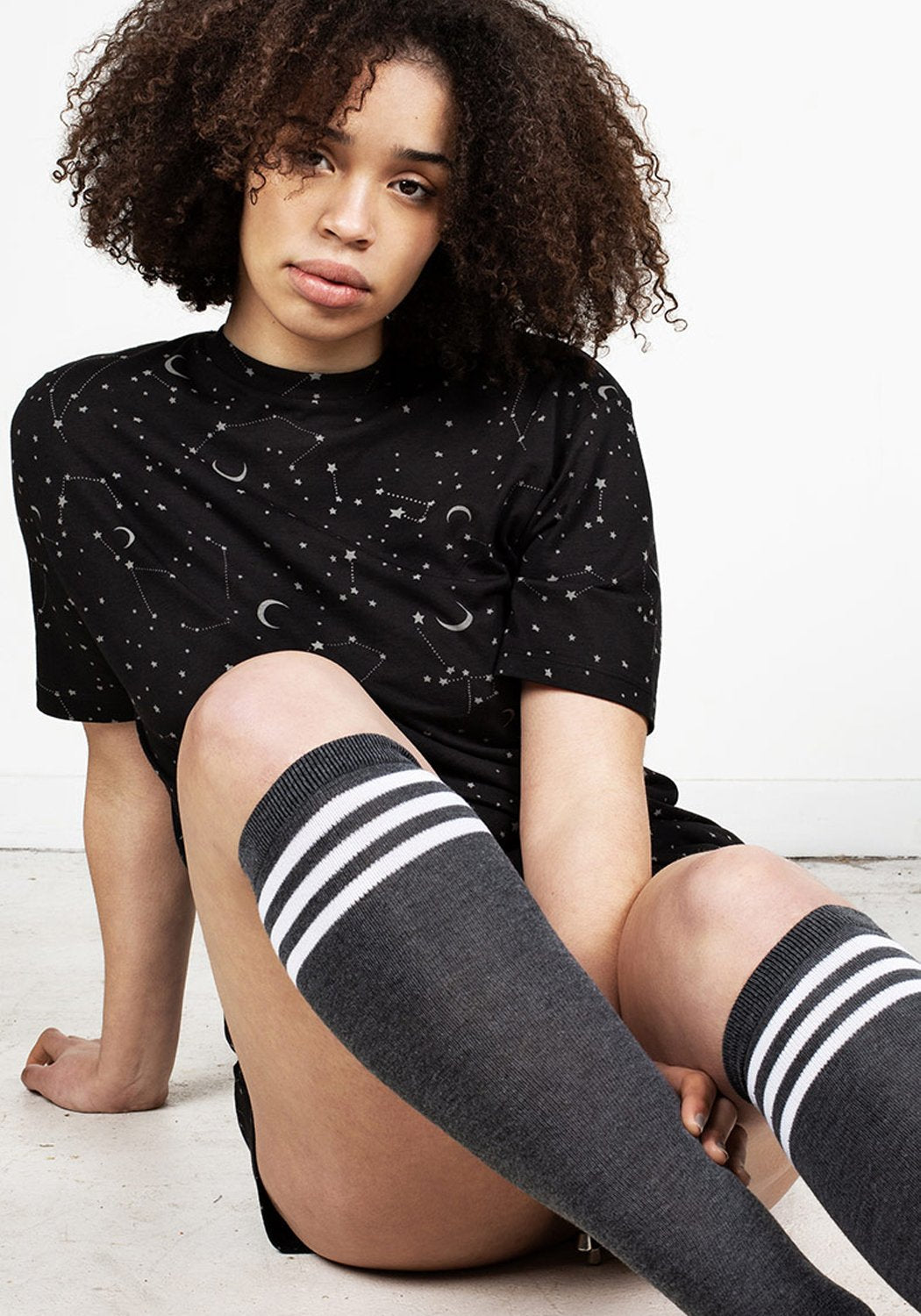 Cosmic Print Drop Shoulder Tee | Celestial Black Jersey Top