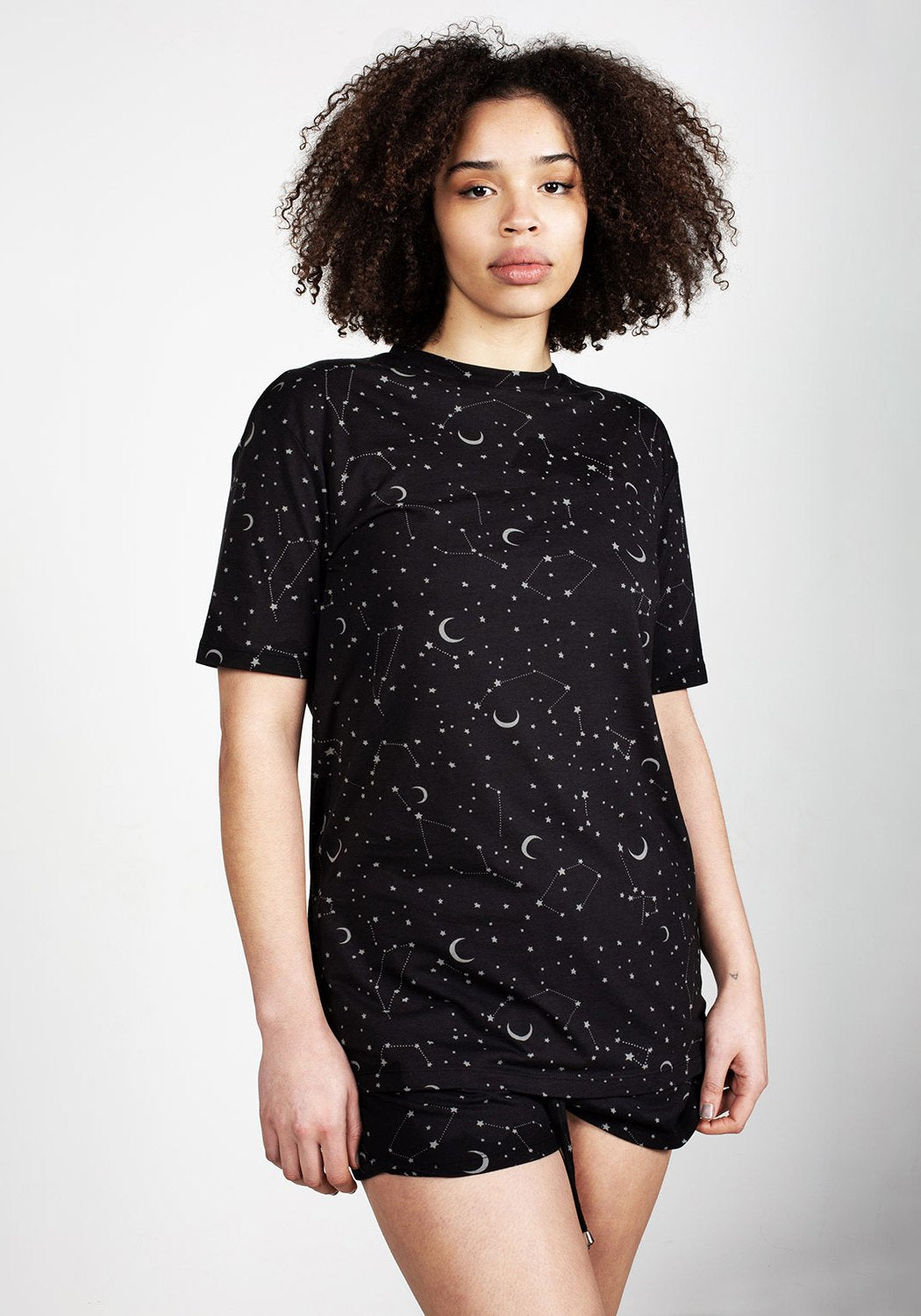 Cosmic Print Drop Shoulder Tee | Celestial Black Jersey Top