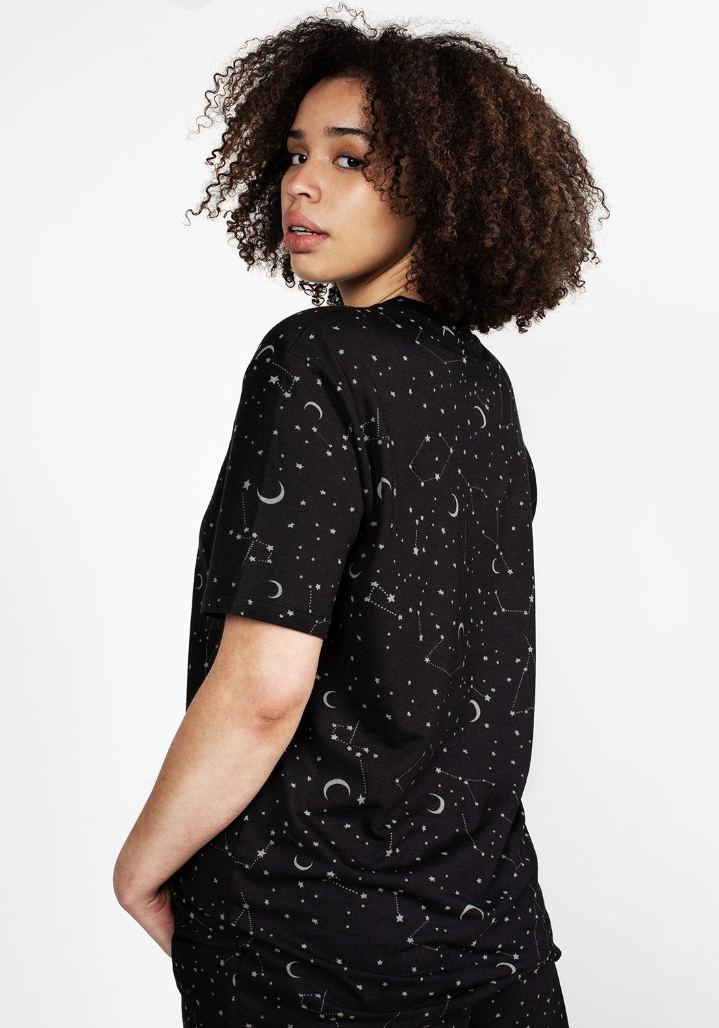 Cosmic Print Drop Shoulder Tee | Celestial Black Jersey Top