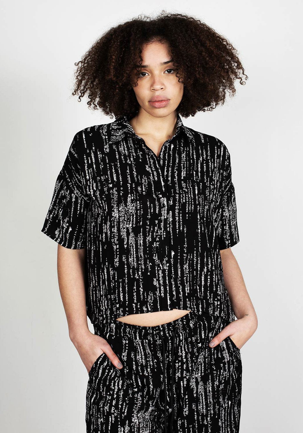 Oversized Digital Print Shirt with Matrix Code Design | Black