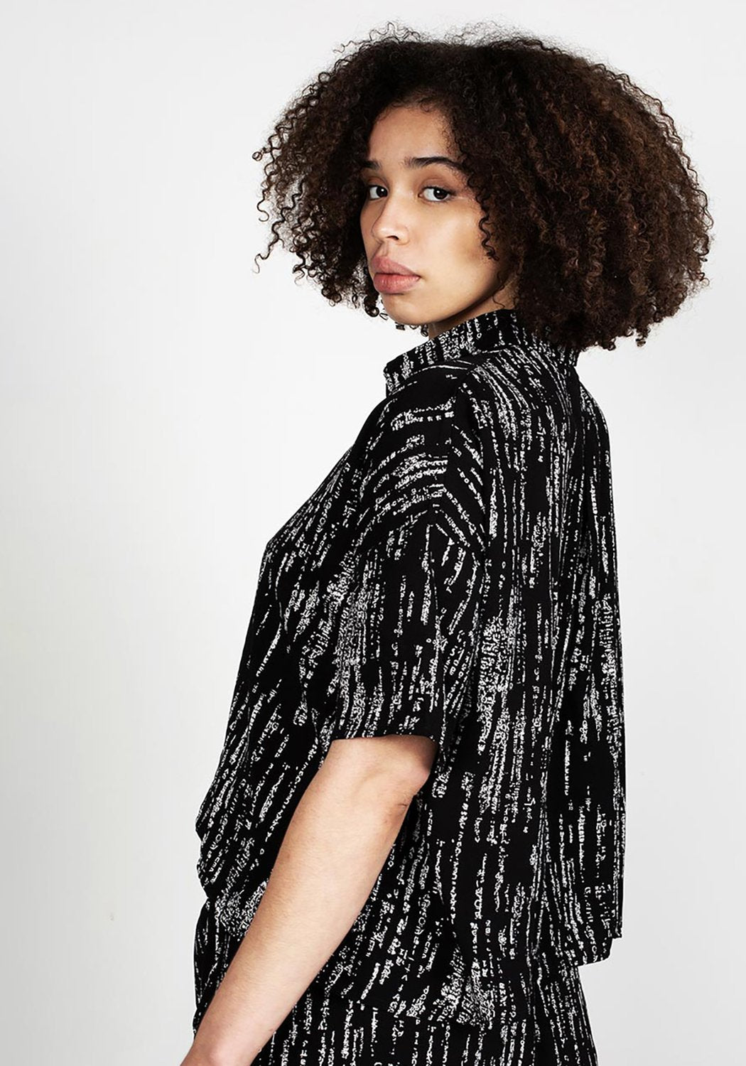 Oversized Digital Print Shirt with Matrix Code Design | Black