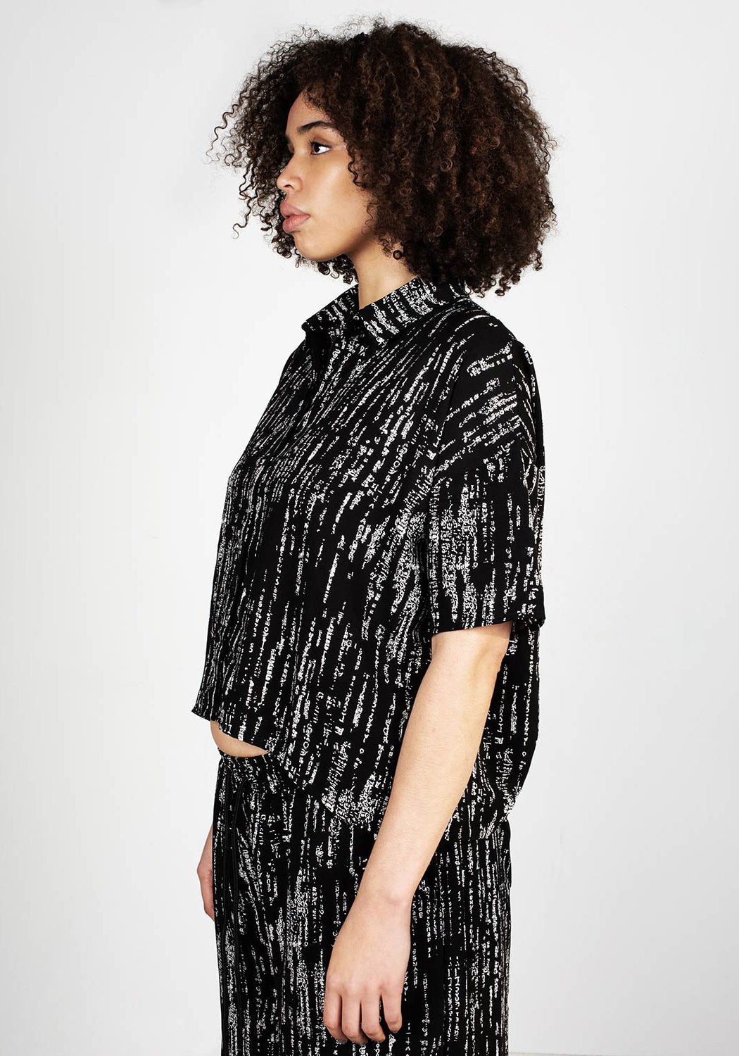 Oversized Digital Print Shirt with Matrix Code Design | Black