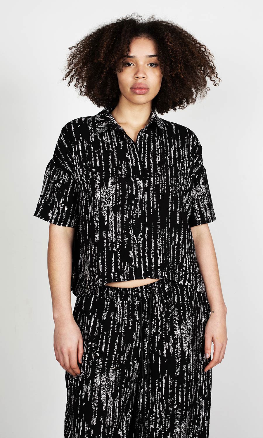Oversized Digital Print Shirt with Matrix Code Design | Black