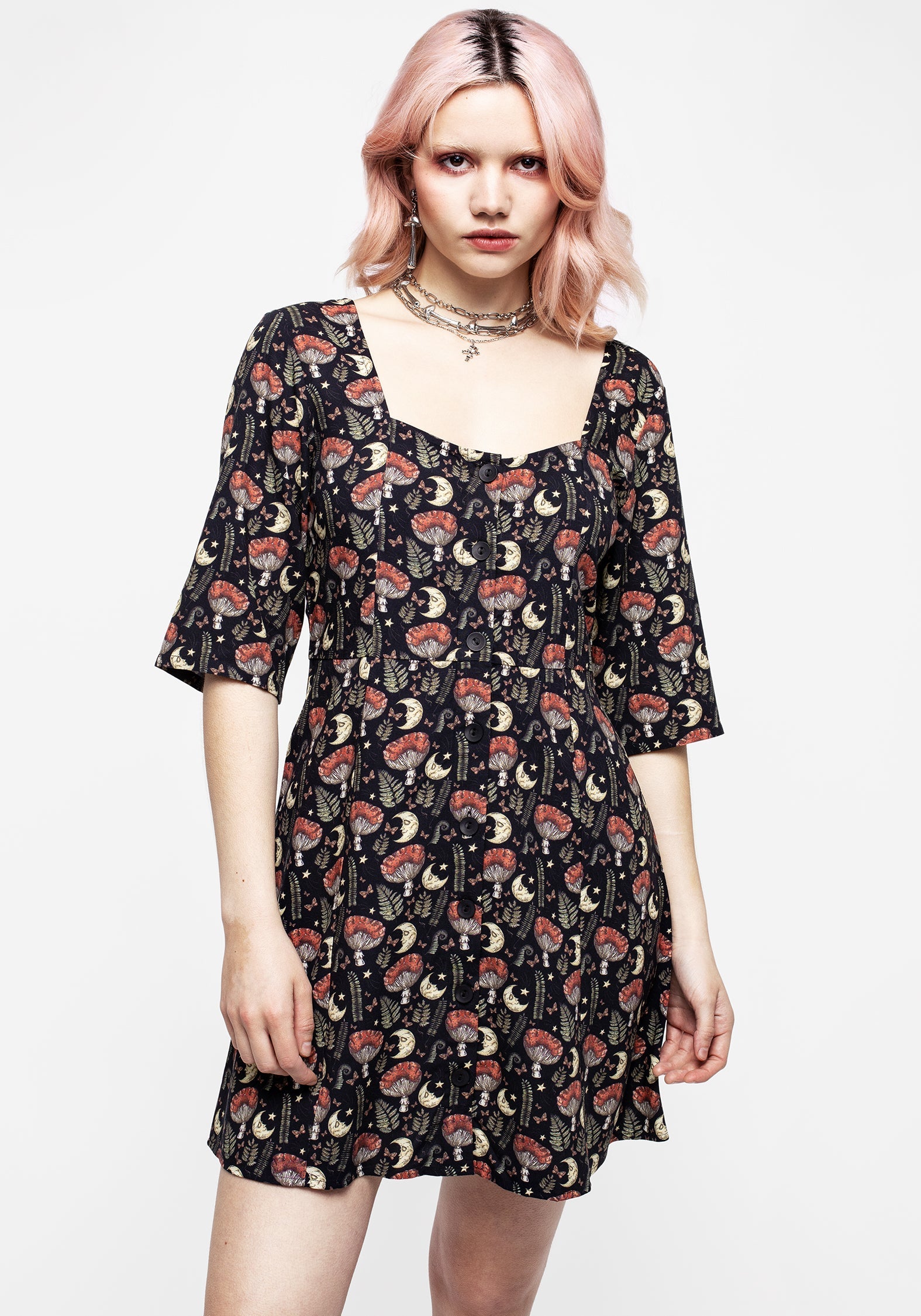 Black Mushroom & Moon Print Mini Dress | Dreamfast Witchy A-Line