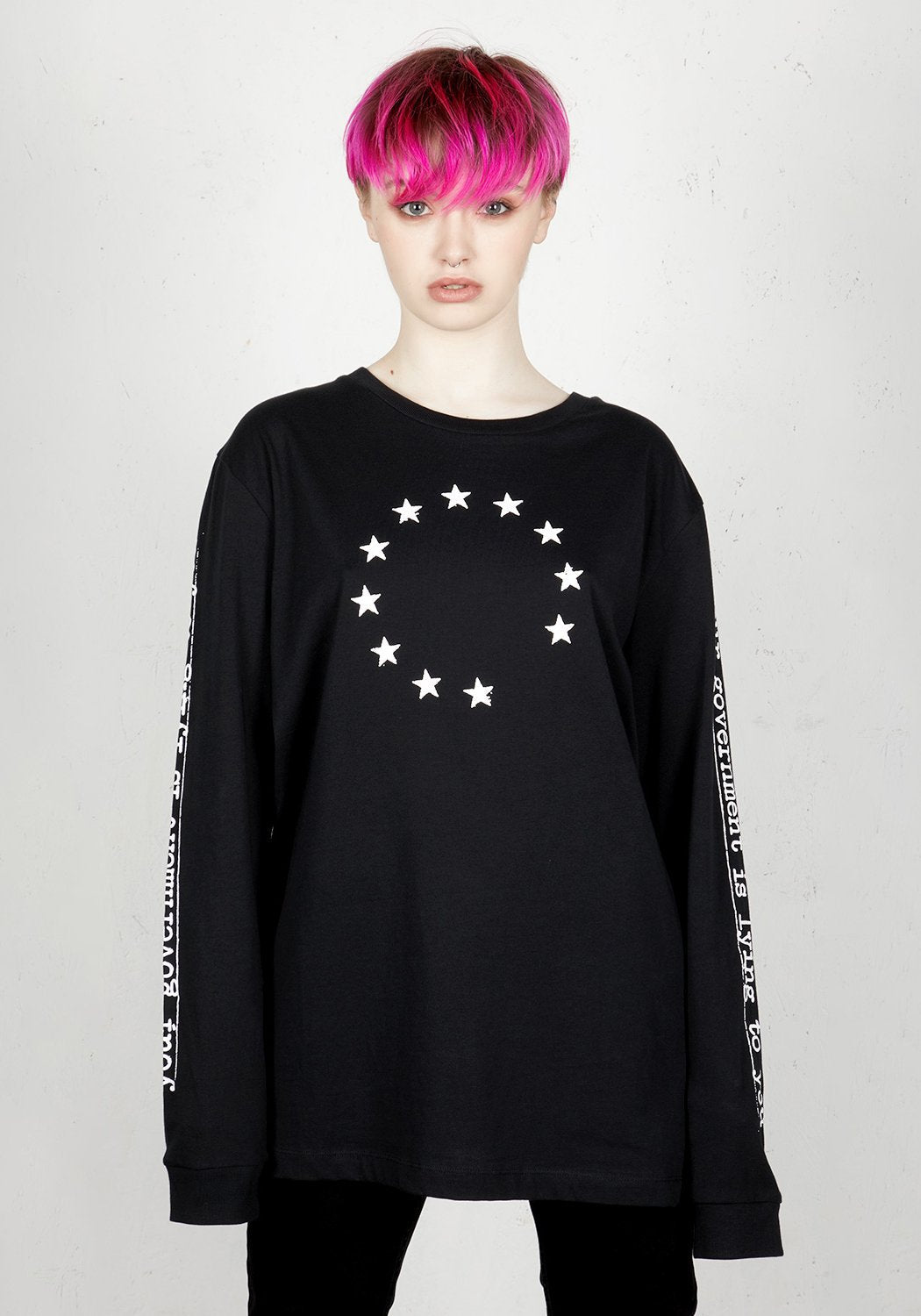 Black Long Sleeve Protest Tee with Anti-Government Print | 100% Cotton