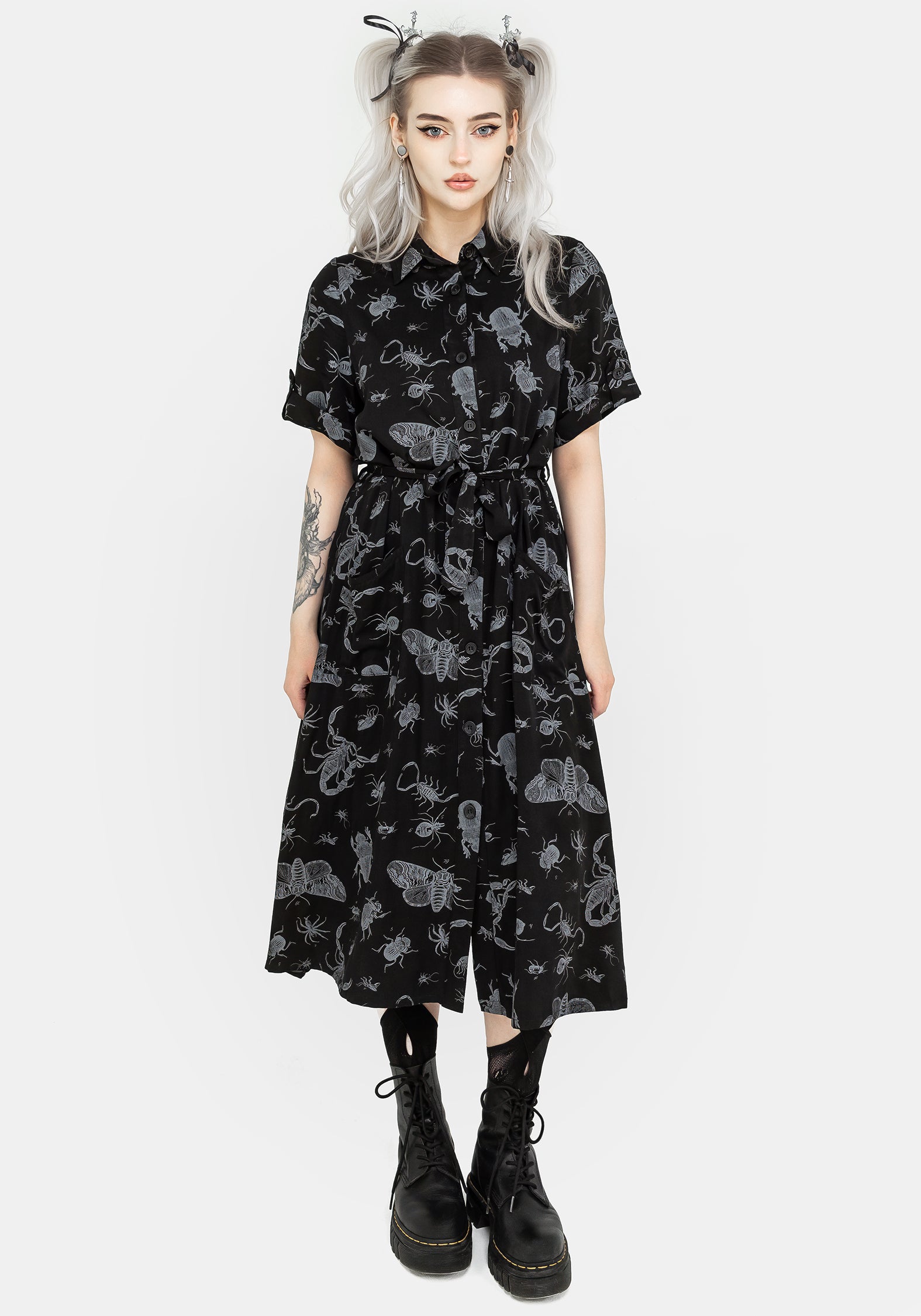 Black Bugs Print Midi Shirt Dress with Belt & Pockets | Parasite Bugs