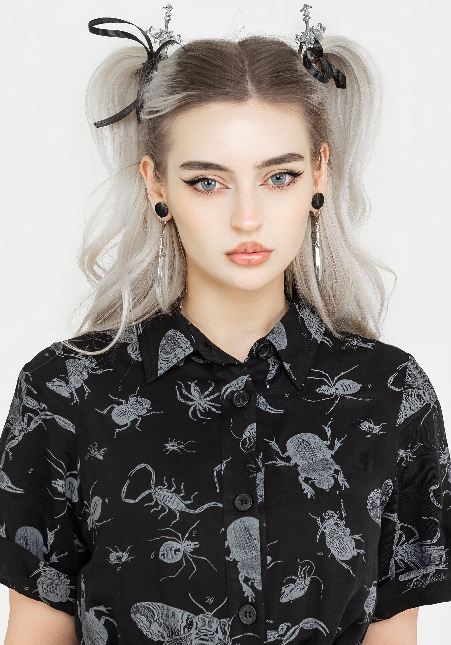 Black Bugs Print Midi Shirt Dress with Belt & Pockets | Parasite Bugs