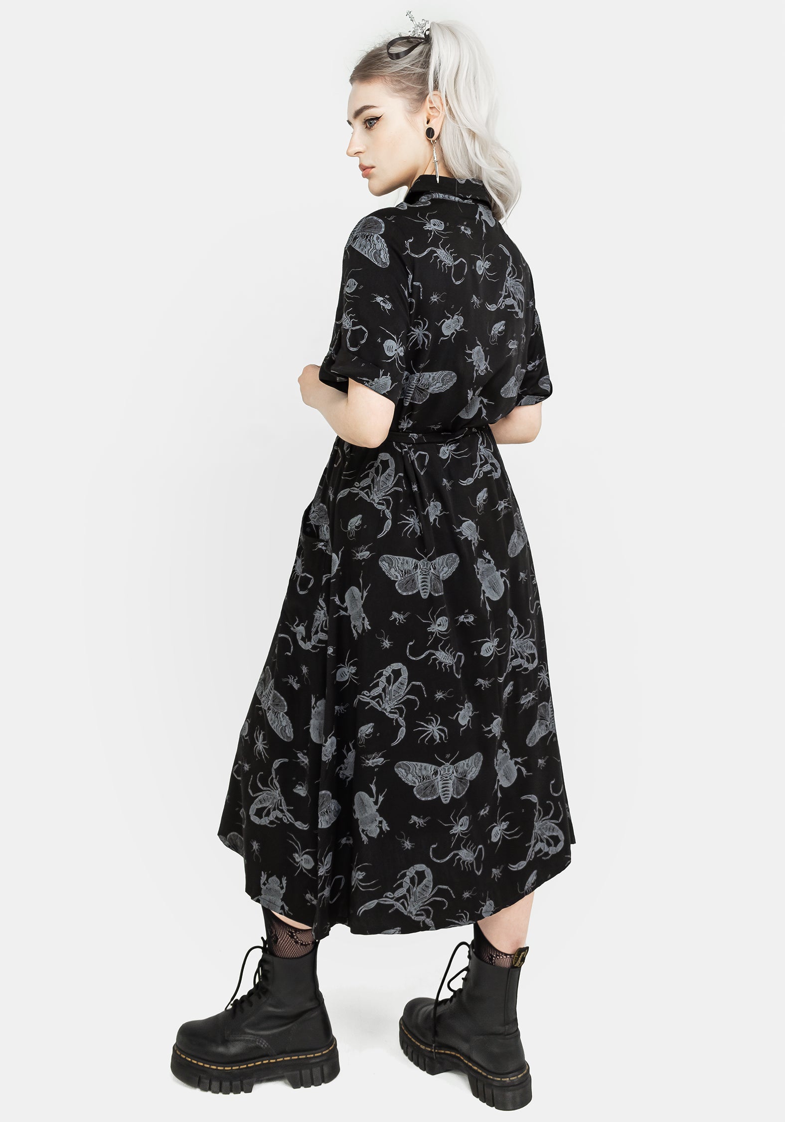 Black Bugs Print Midi Shirt Dress with Belt & Pockets | Parasite Bugs