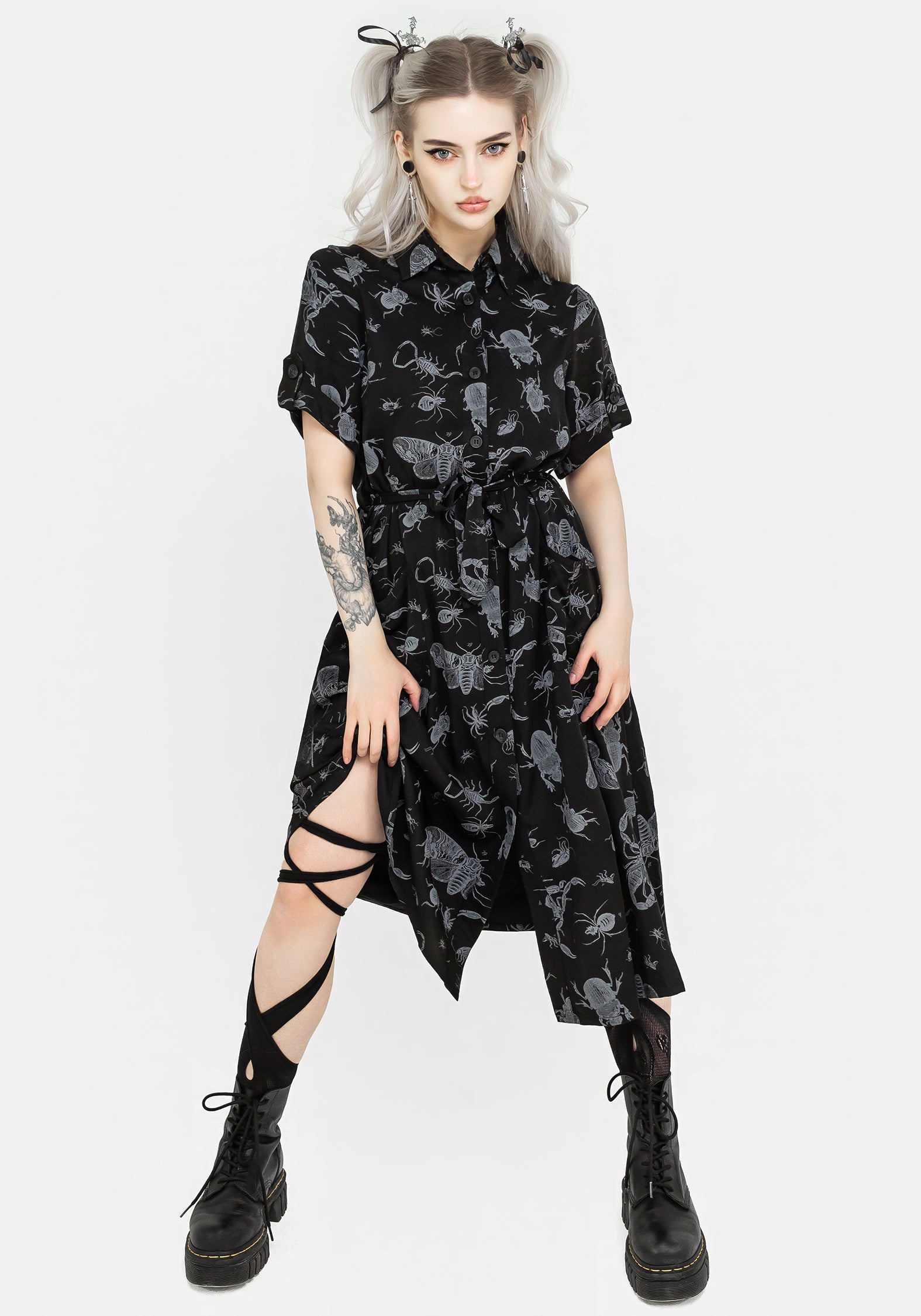 Black Bugs Print Midi Shirt Dress with Belt & Pockets | Parasite Bugs