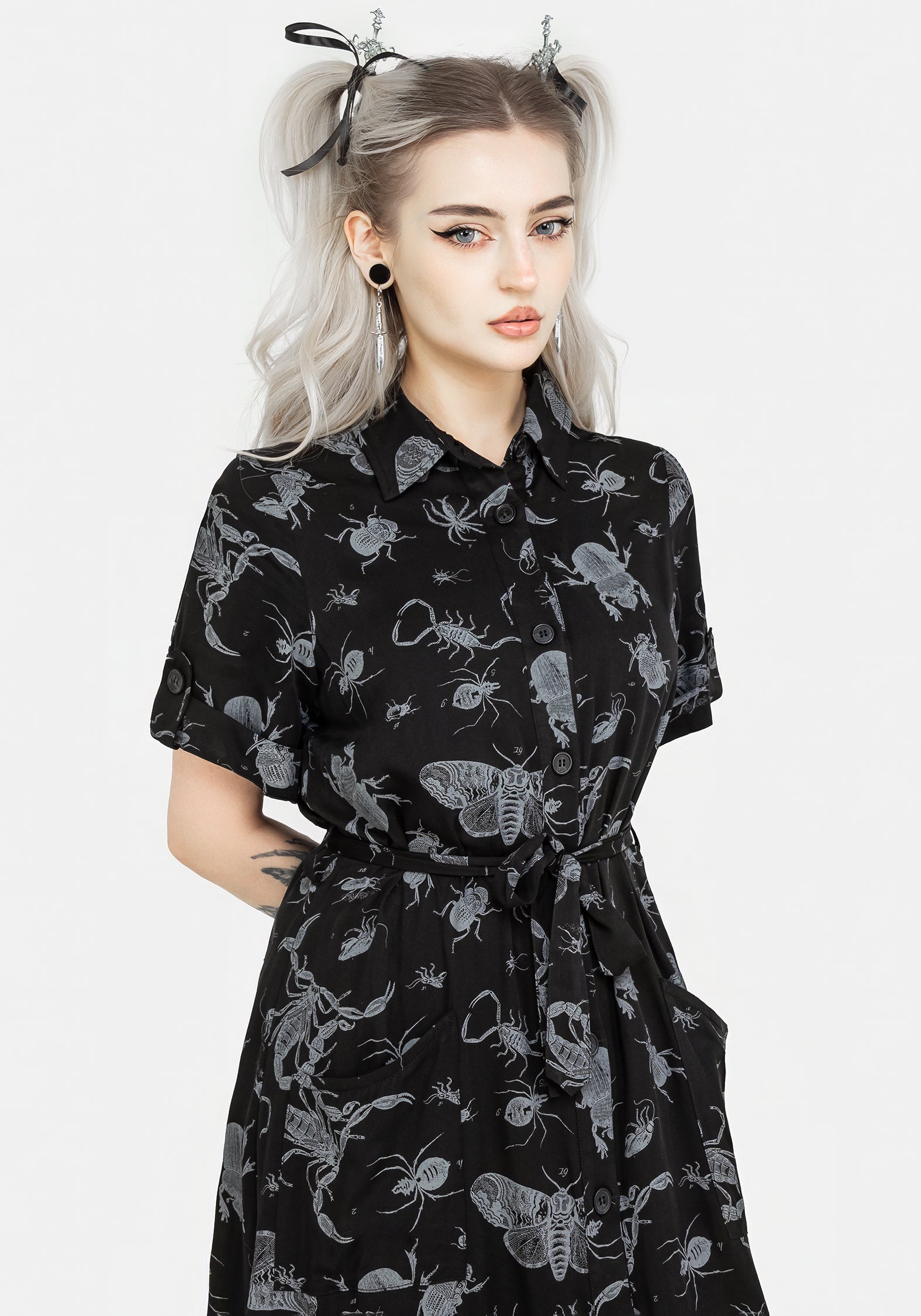 Black Bugs Print Midi Shirt Dress with Belt & Pockets | Parasite Bugs