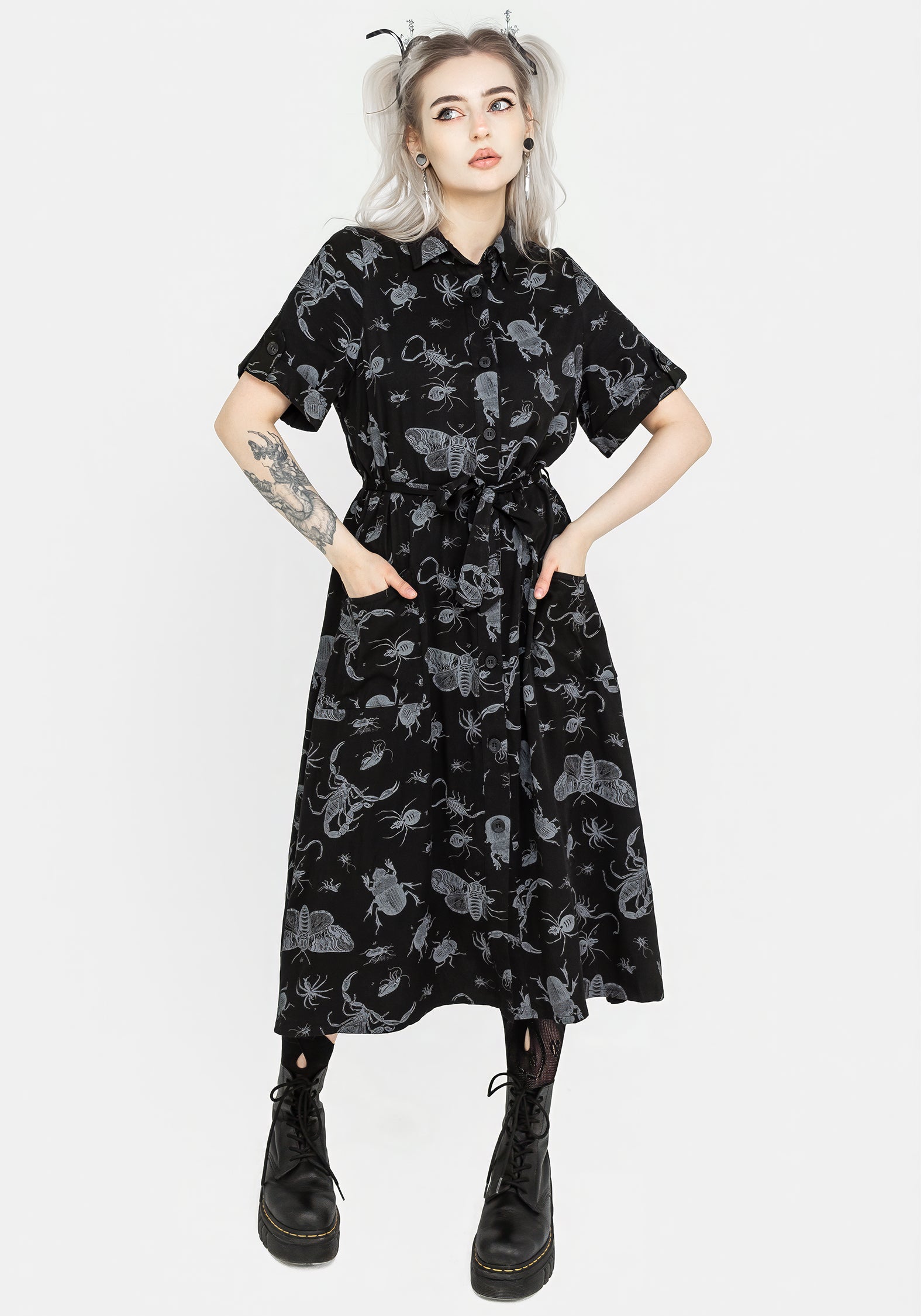 Black Bugs Print Midi Shirt Dress with Belt & Pockets | Parasite Bugs