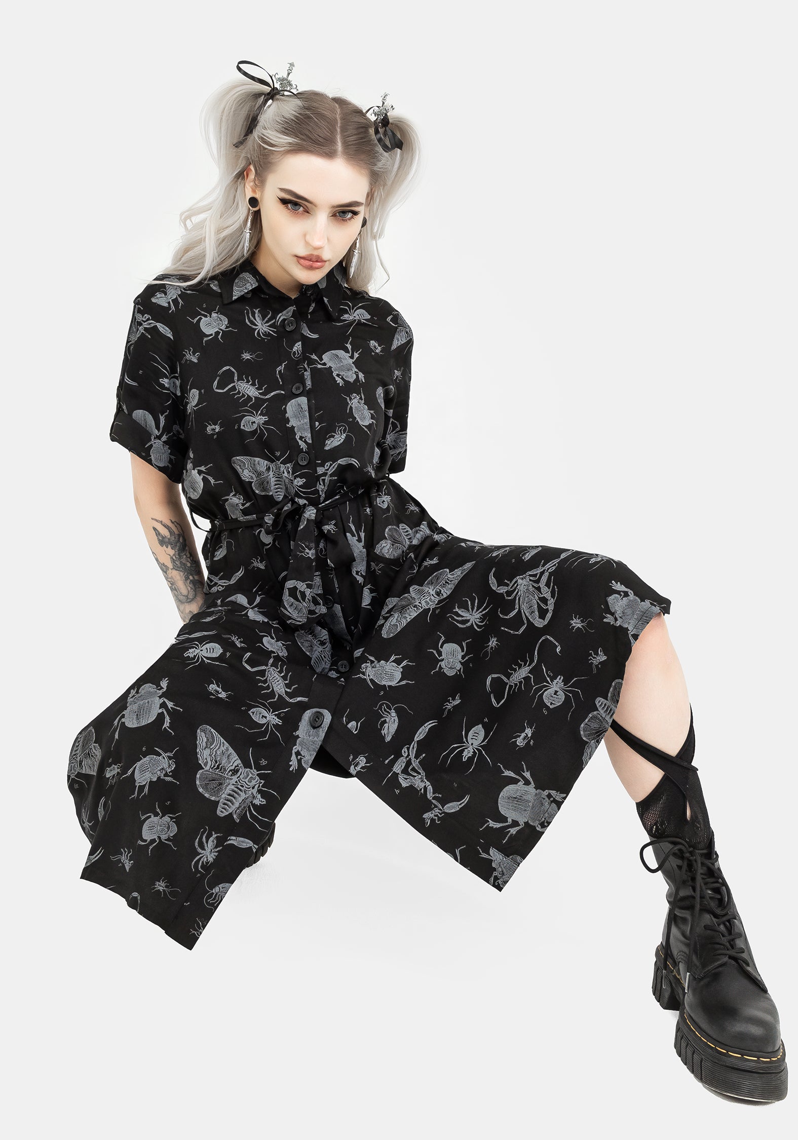Black Bugs Print Midi Shirt Dress with Belt & Pockets | Parasite Bugs