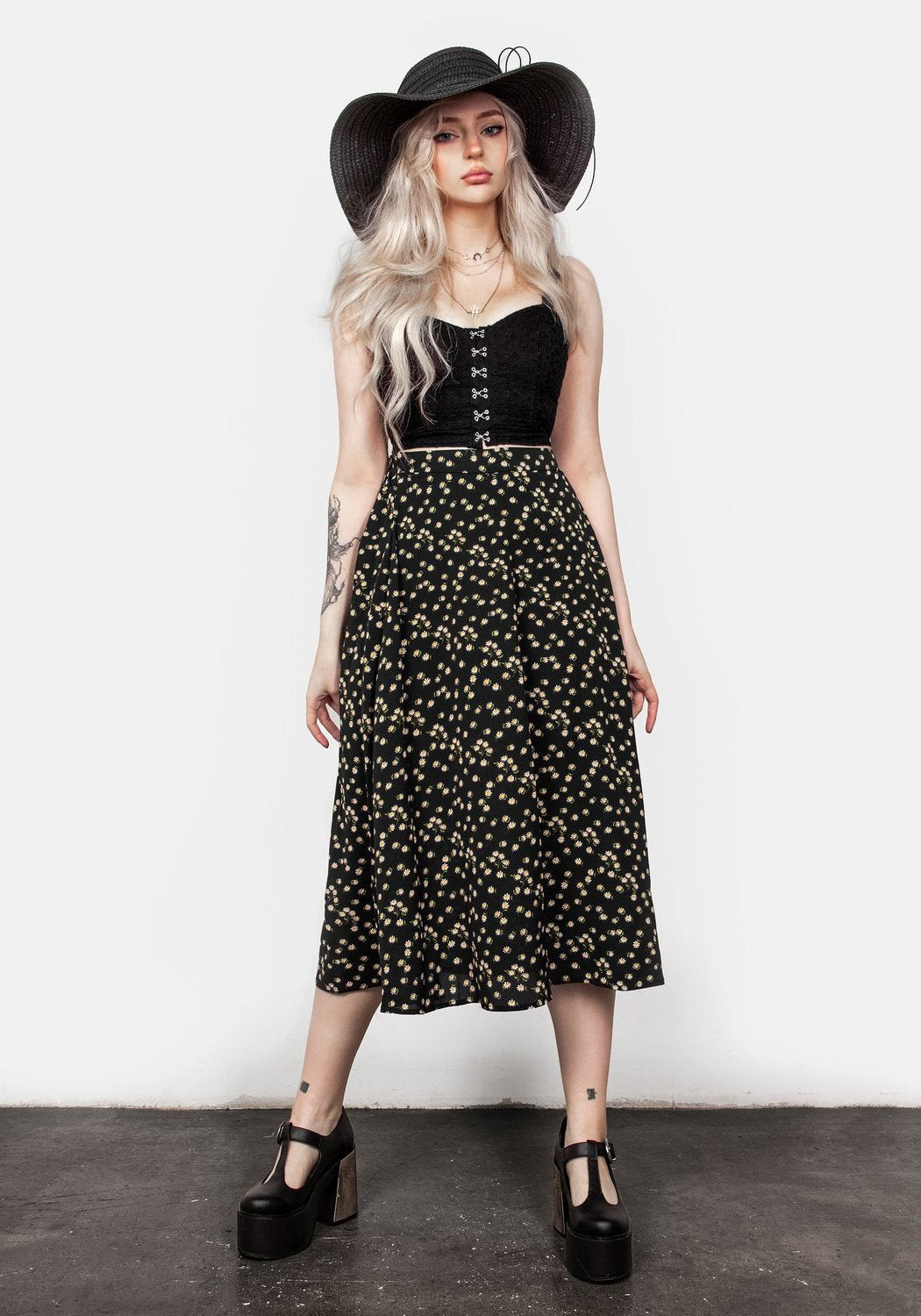 Black Mesh Midaxi Skirt with Floral Print & Elastic Waistband | Helianthus