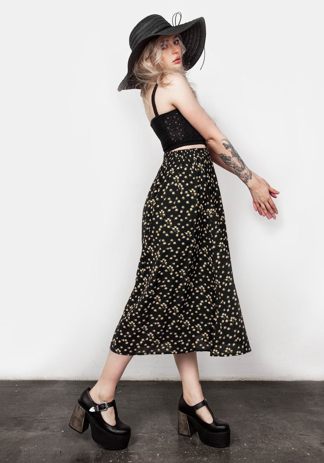 Black Mesh Midaxi Skirt with Floral Print & Elastic Waistband | Helianthus