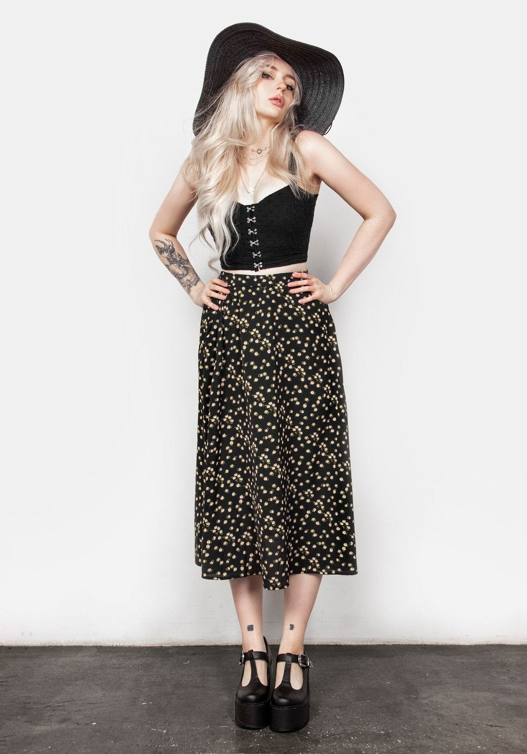Black Mesh Midaxi Skirt with Floral Print & Elastic Waistband | Helianthus
