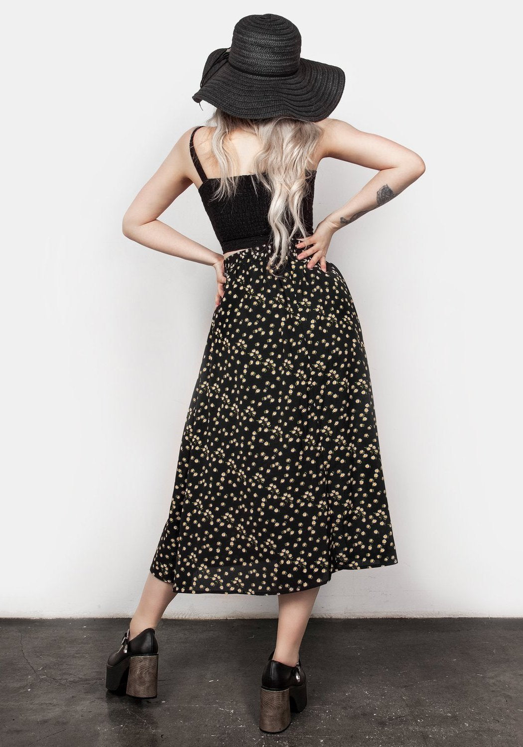 Black Mesh Midaxi Skirt with Floral Print & Elastic Waistband | Helianthus