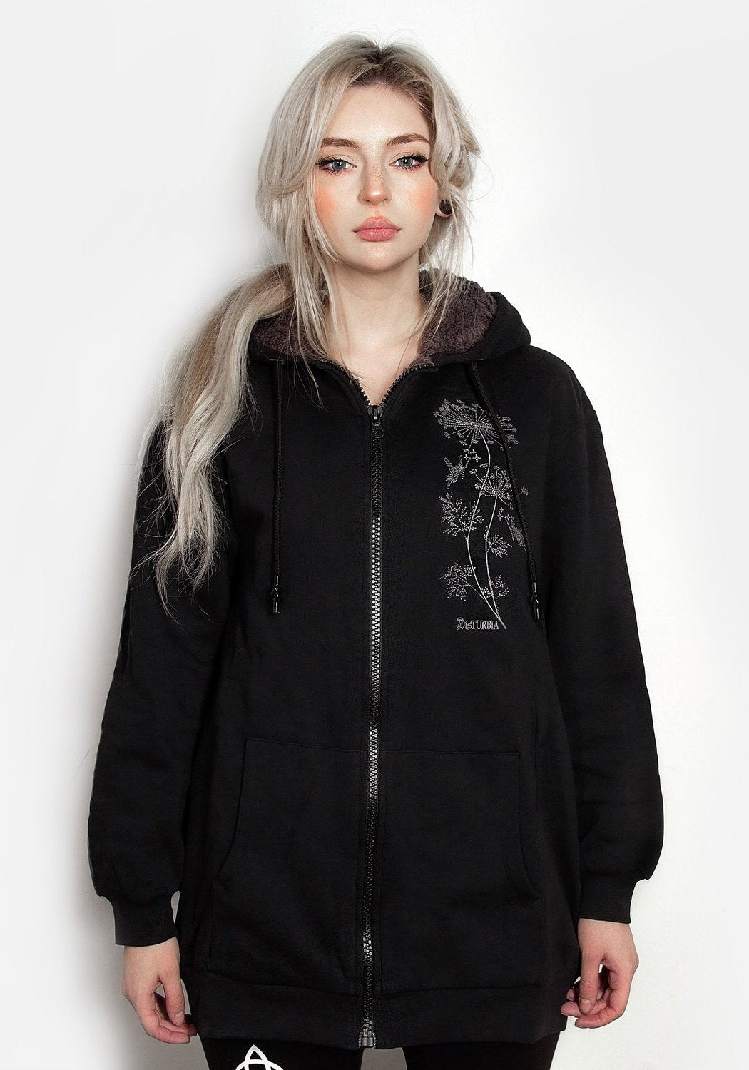 Fleece-Lined Hoody with Fairies Embroidery & Pockets | Disturbia