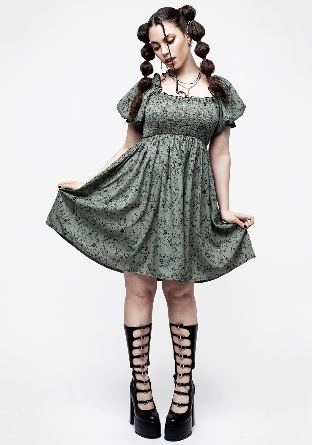 Green Floral Mini Babydoll Dress with Puff Sleeves | Sage & Black