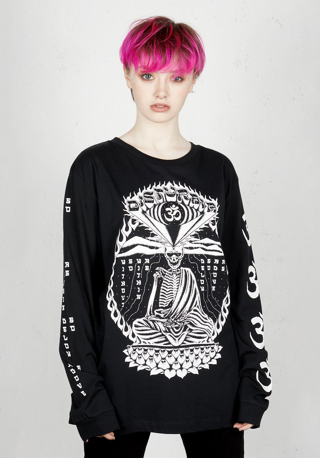 Black Meditation Long Sleeve Tee with Ohm Print | Disturbia
