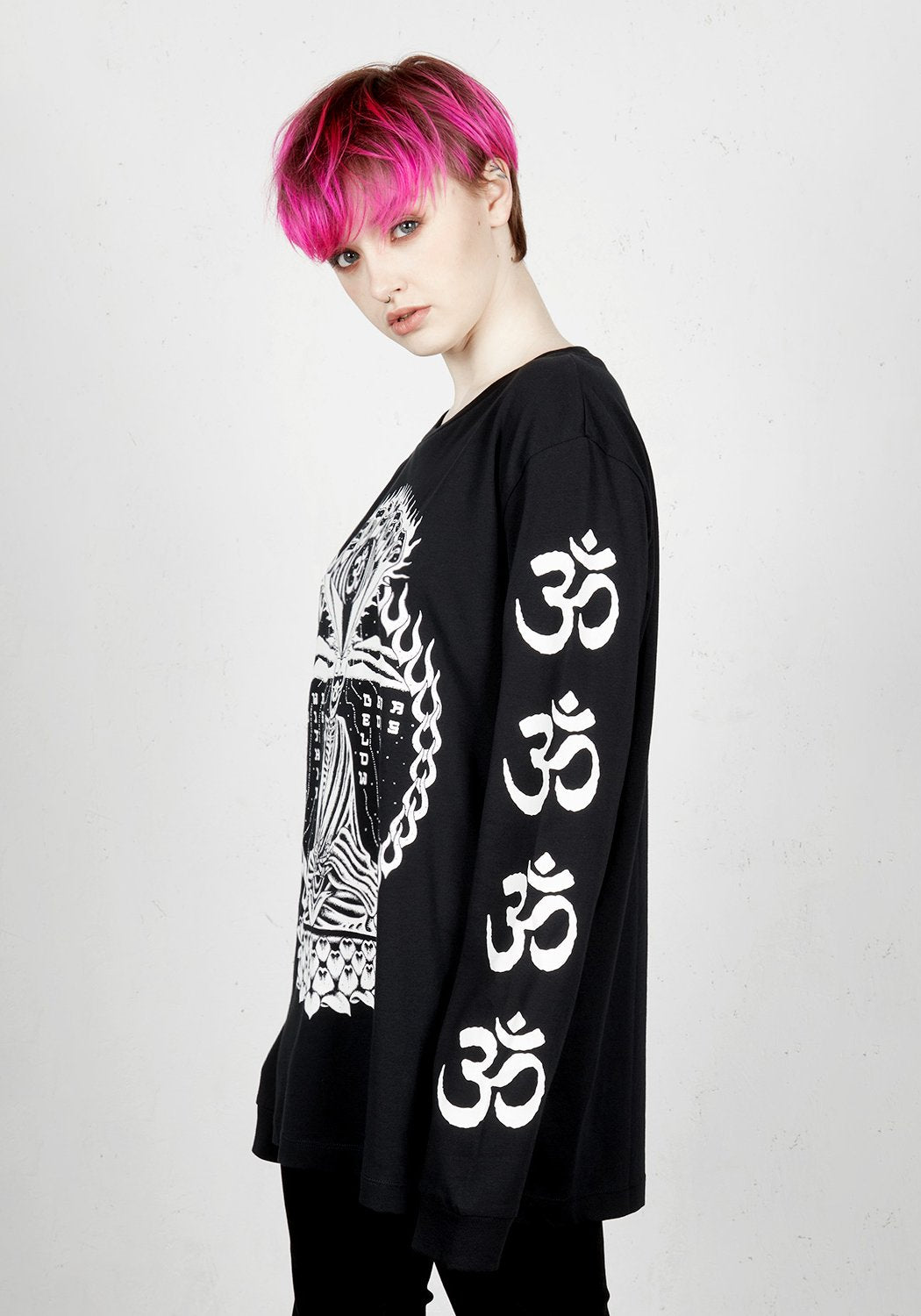 Black Meditation Long Sleeve Tee with Ohm Print | Disturbia