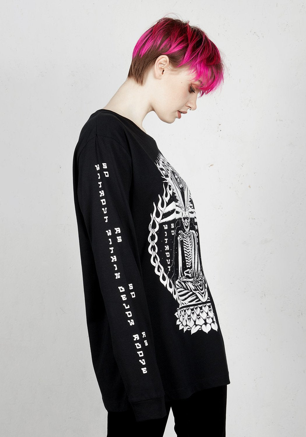 Black Meditation Long Sleeve Tee with Ohm Print | Disturbia