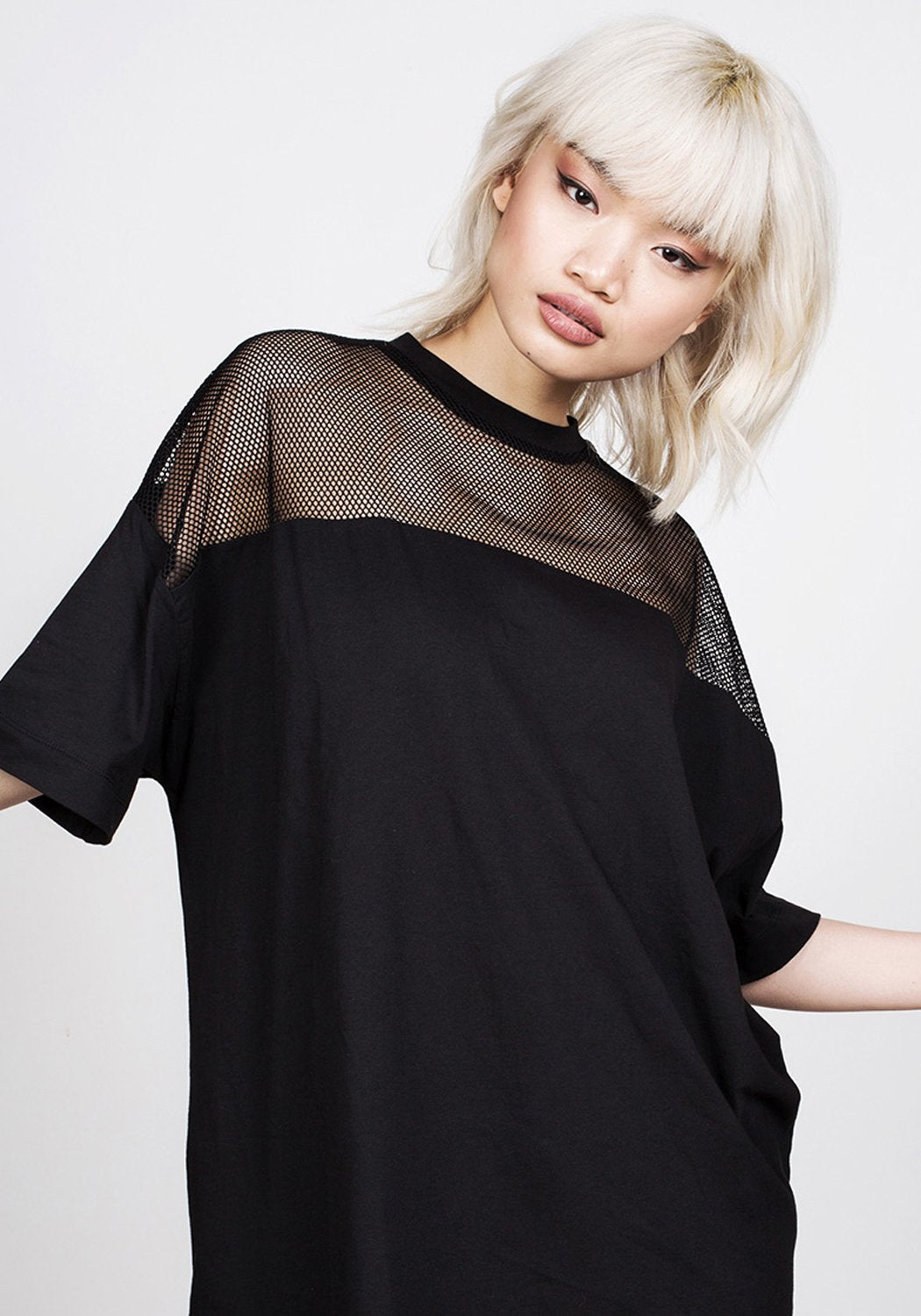 Oversized Mesh Tee with Fishnet Panels & Dropped Shoulder | Black