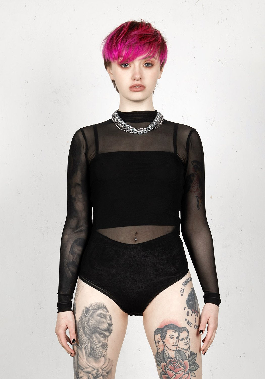 Sheer High-Neck Bodysuit with Two-Popper Closure | Phantom