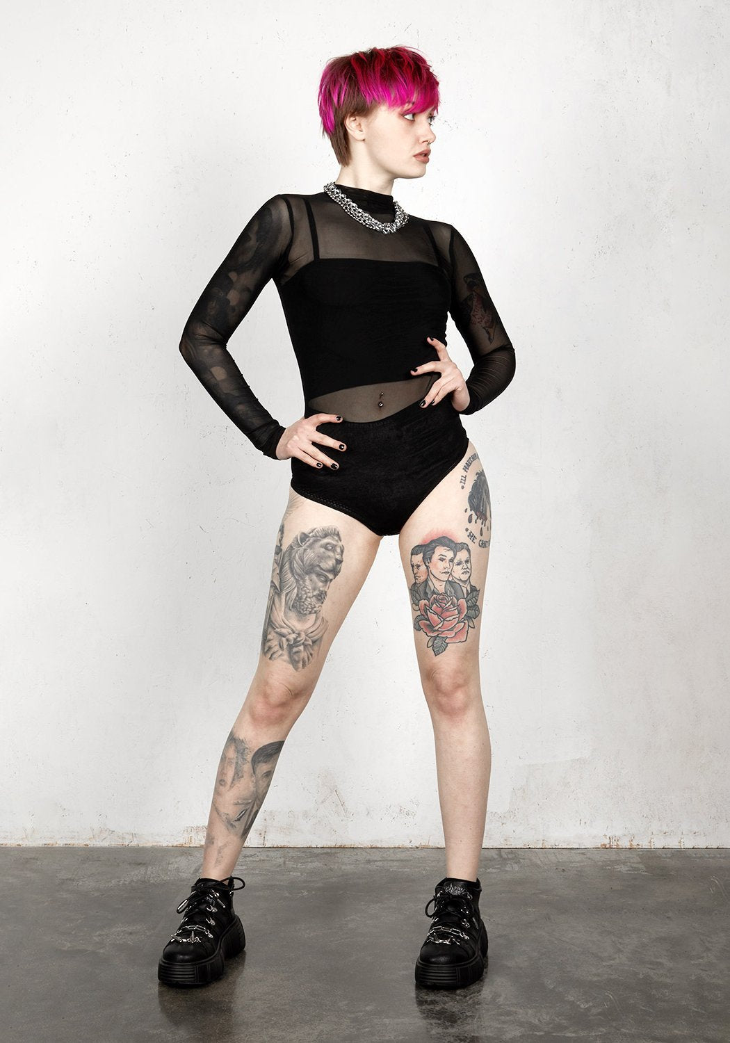 Sheer High-Neck Bodysuit with Two-Popper Closure | Phantom