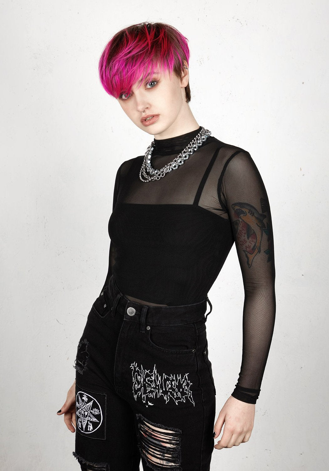 Sheer High-Neck Bodysuit with Two-Popper Closure | Phantom