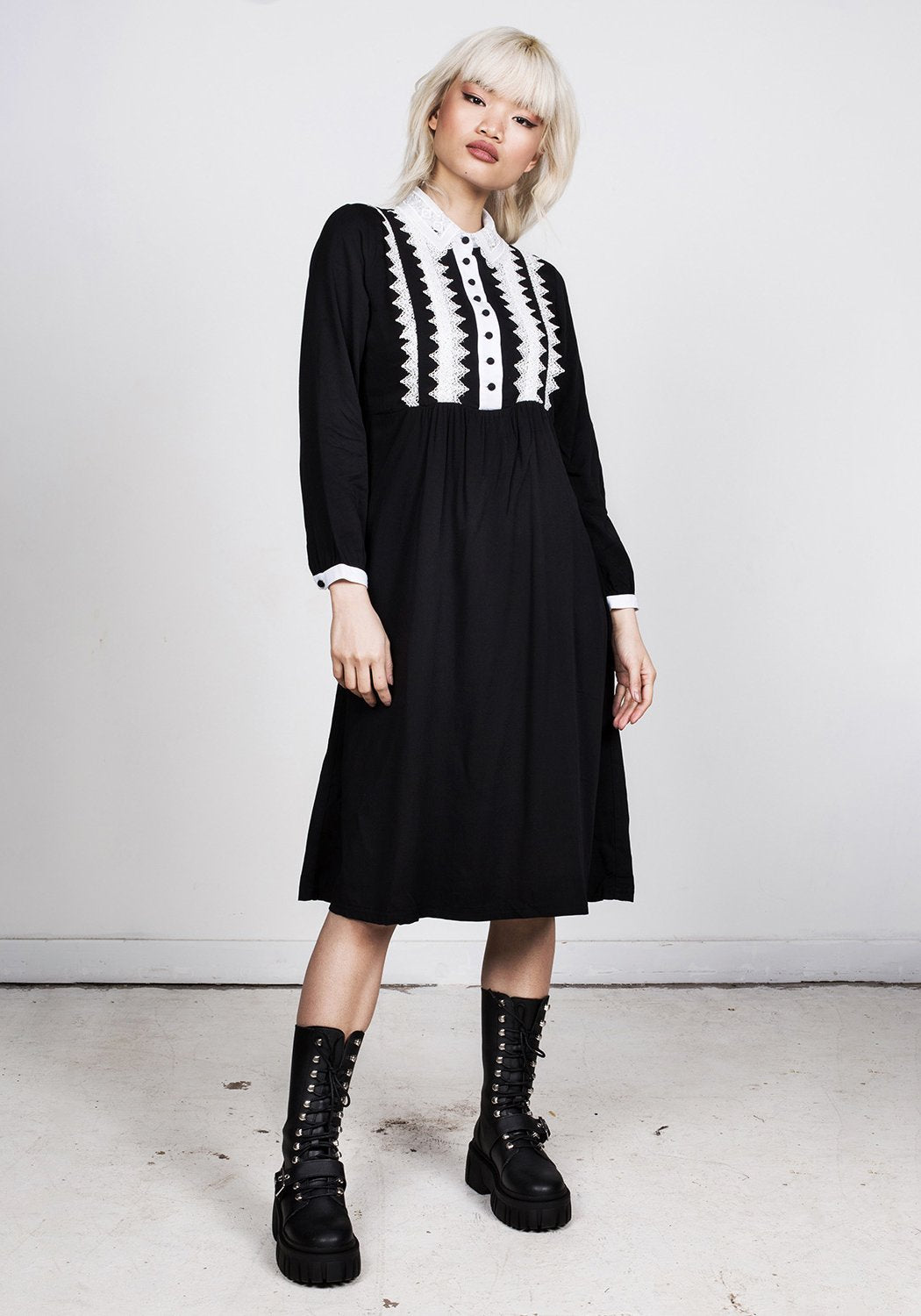 Gothic Black Midi Dress with Lace Collar | Prudence