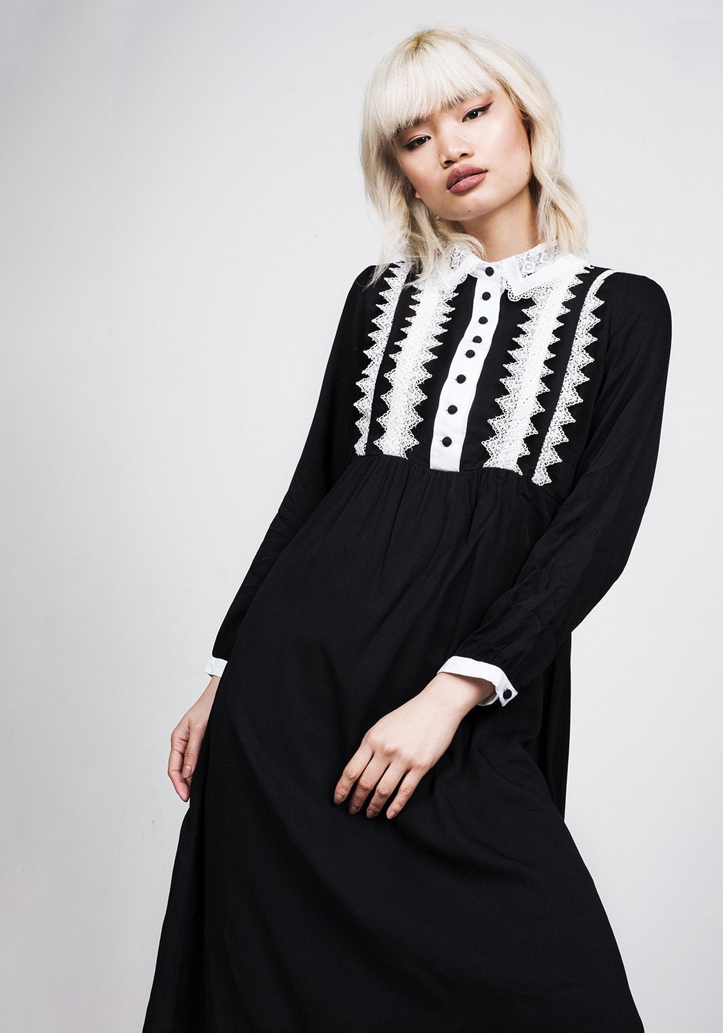 Gothic Black Midi Dress with Lace Collar | Prudence
