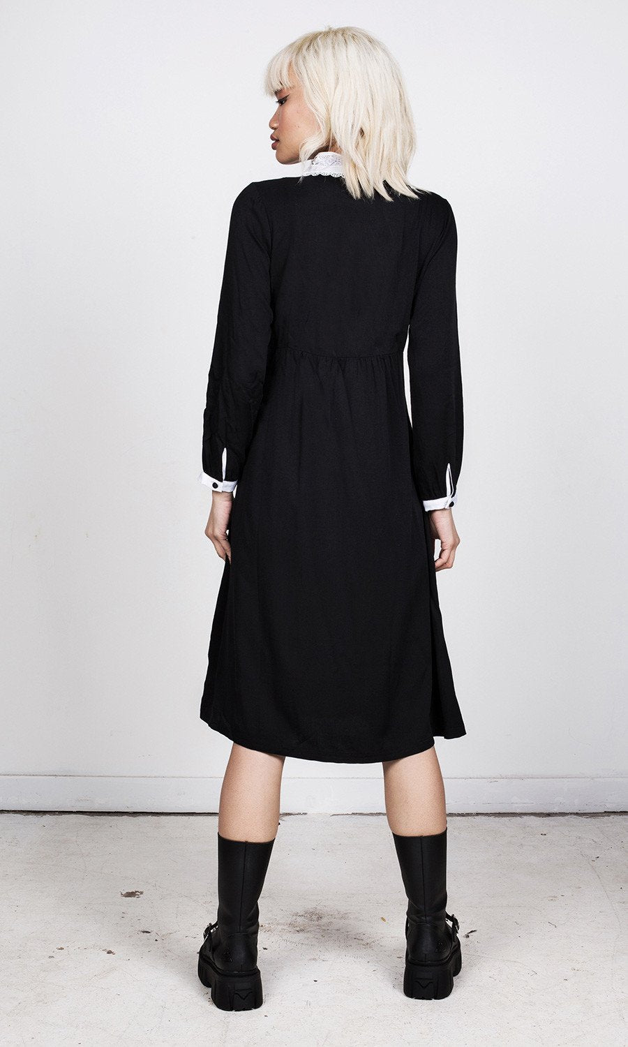 Gothic Black Midi Dress with Lace Collar | Prudence