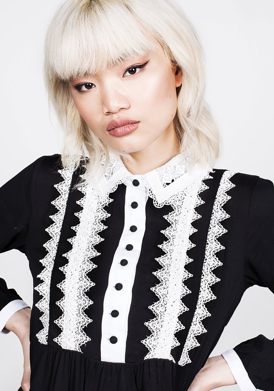 Gothic Black Midi Dress with Lace Collar | Prudence