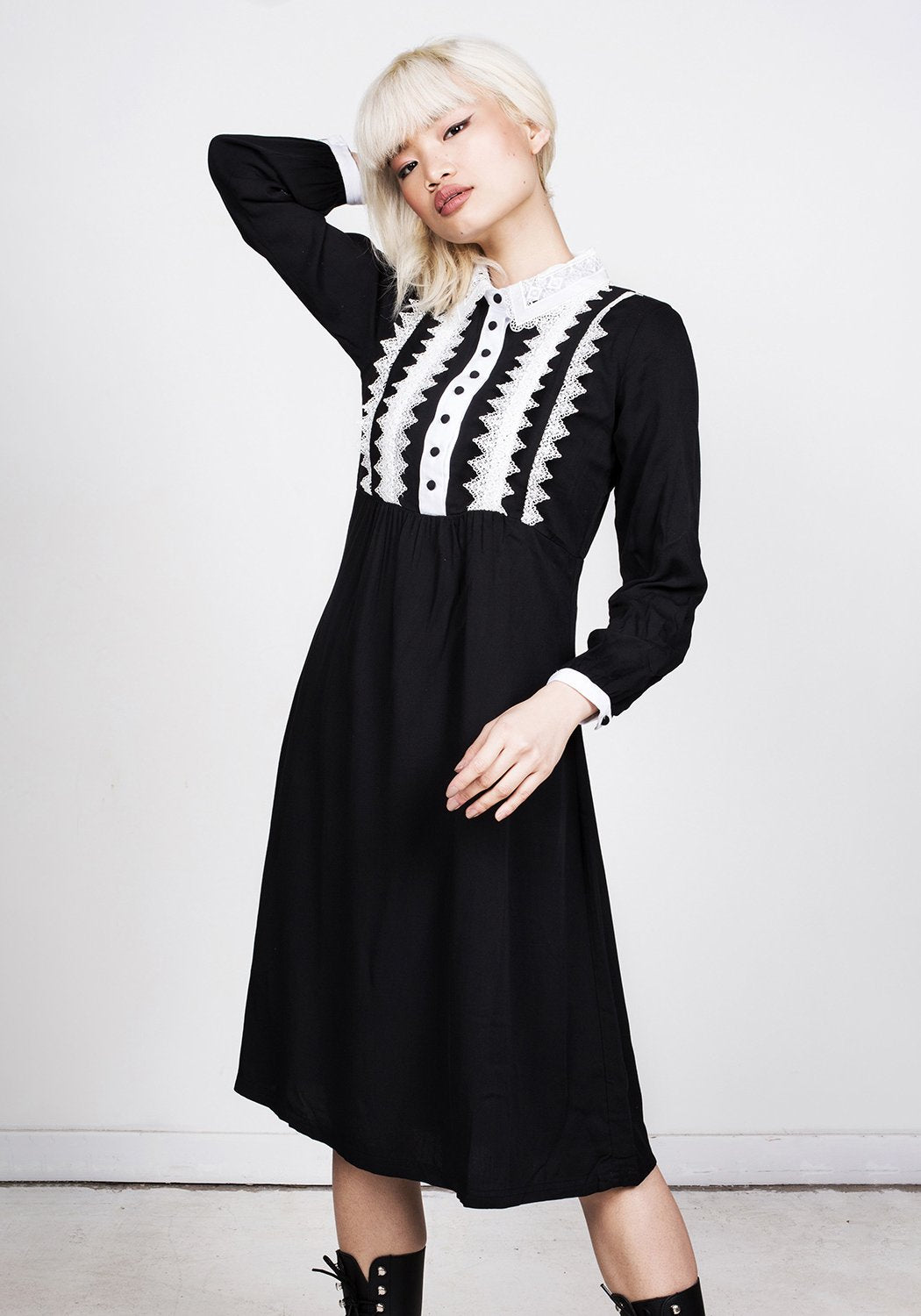 Gothic Black Midi Dress with Lace Collar | Prudence