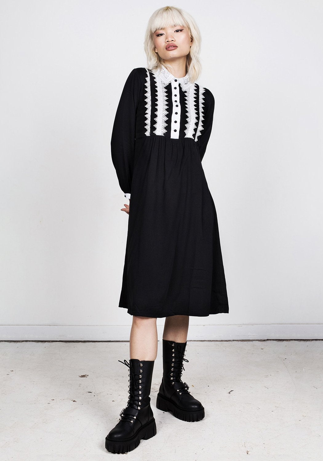 Gothic Black Midi Dress with Lace Collar | Prudence