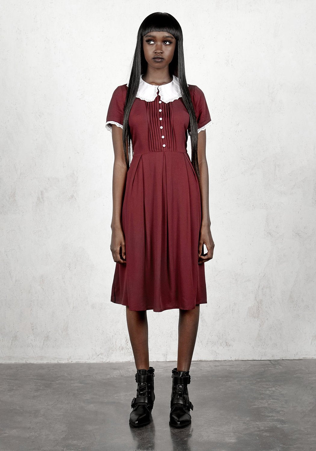 Blood Red Sabbath Dress with Lace Collar & Button Up | Fitted Midi
