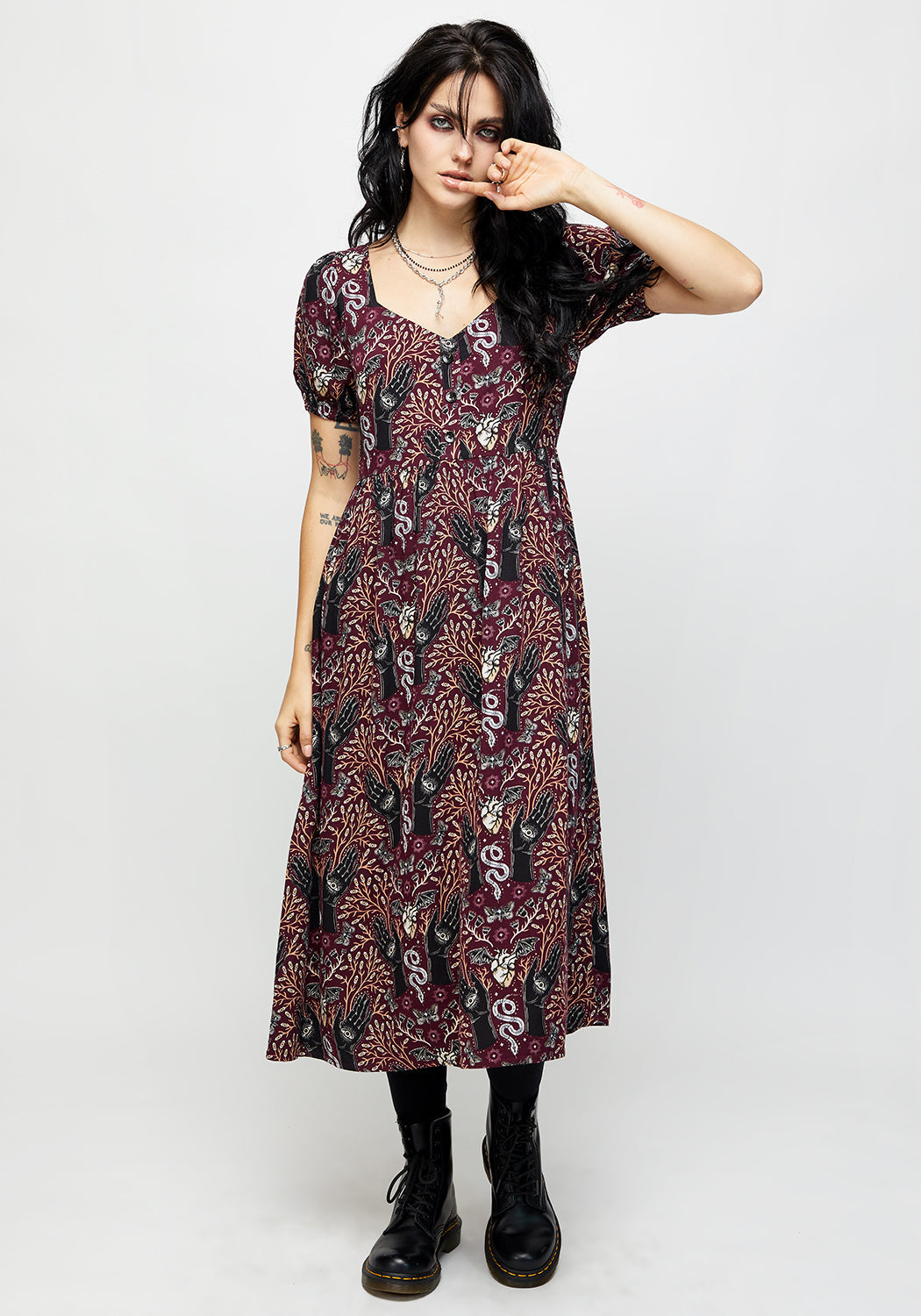 Burgundy Puff Sleeve Midi Dress with Button Detail | Hemlock