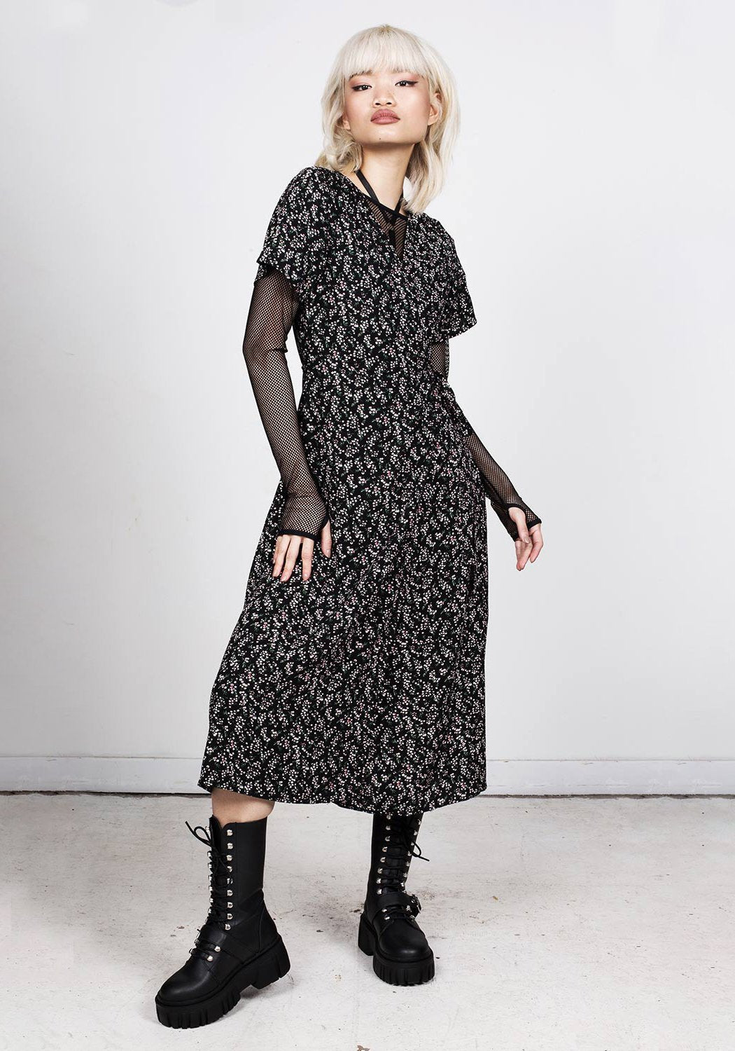 Black Cherry Blossom Midi Wrap Dress with Side Tie Belt | Sakura