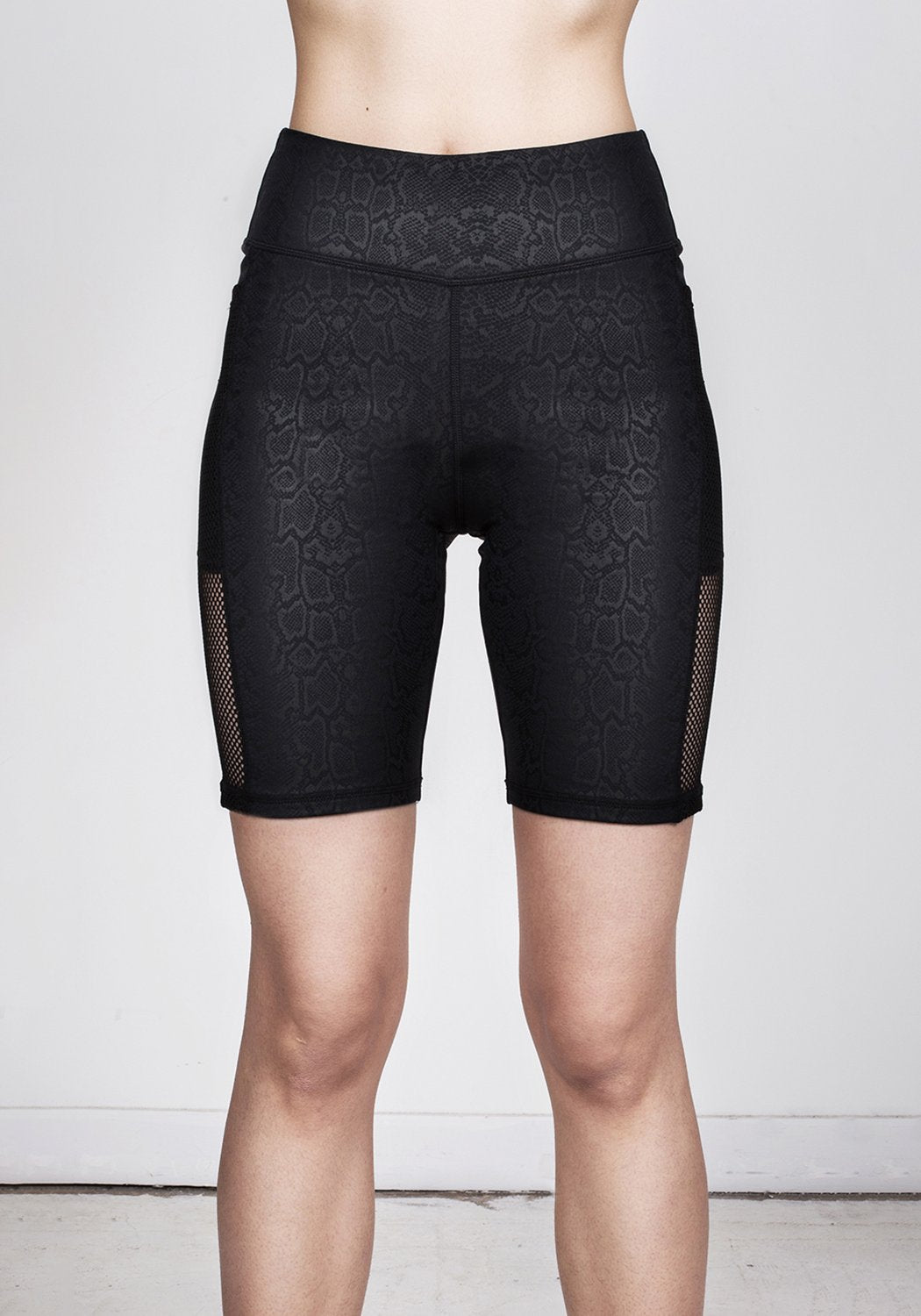 Serpent Sculpting Shorts with Mesh Panels & Snake Print | Black